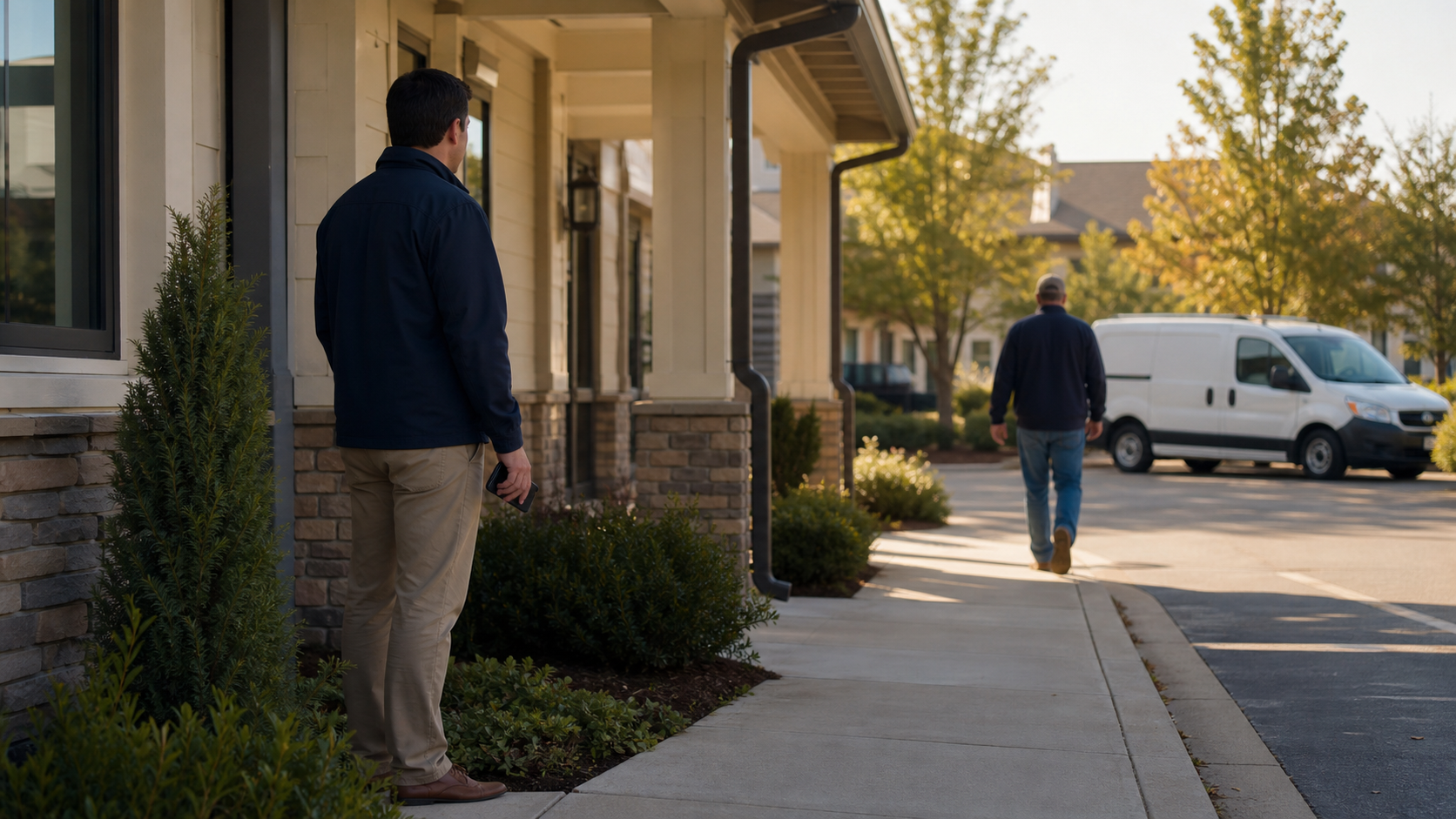Representative present near an exterior entry while a vendor arrives for an agreed service window