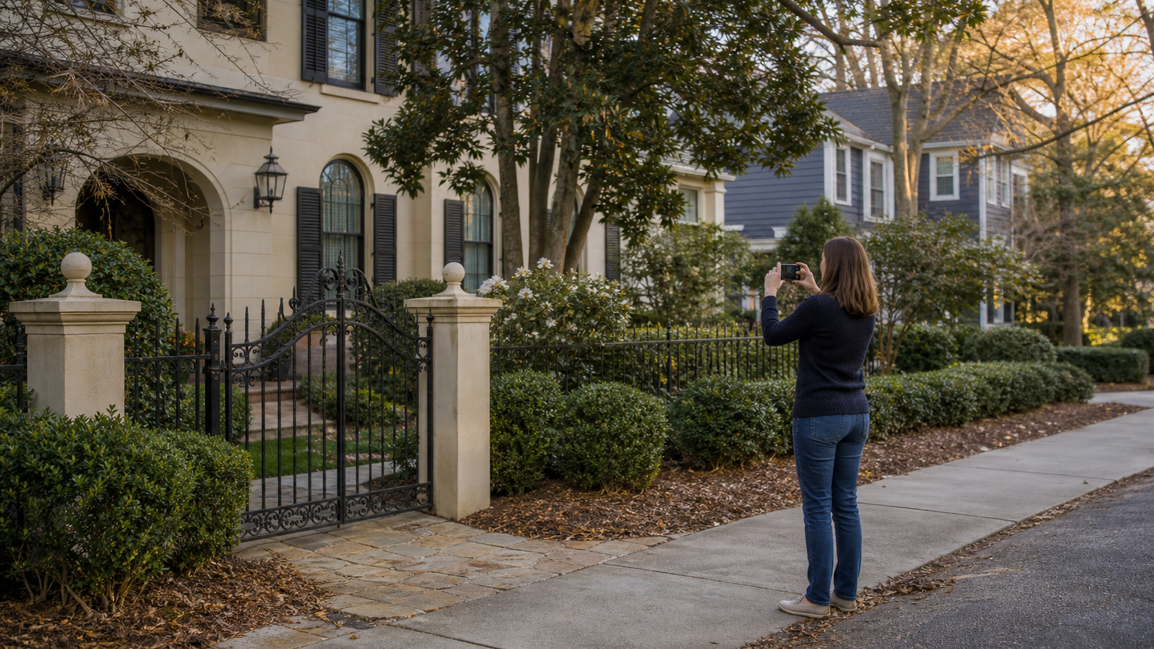Representative photographing visible exterior conditions from a residential sidewalk