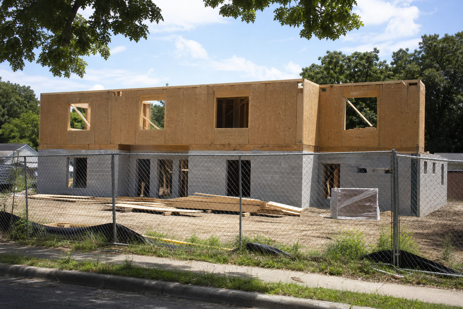 Original illustrative image of a wood-framed multifamily project viewed through a chain-link perimeter fence