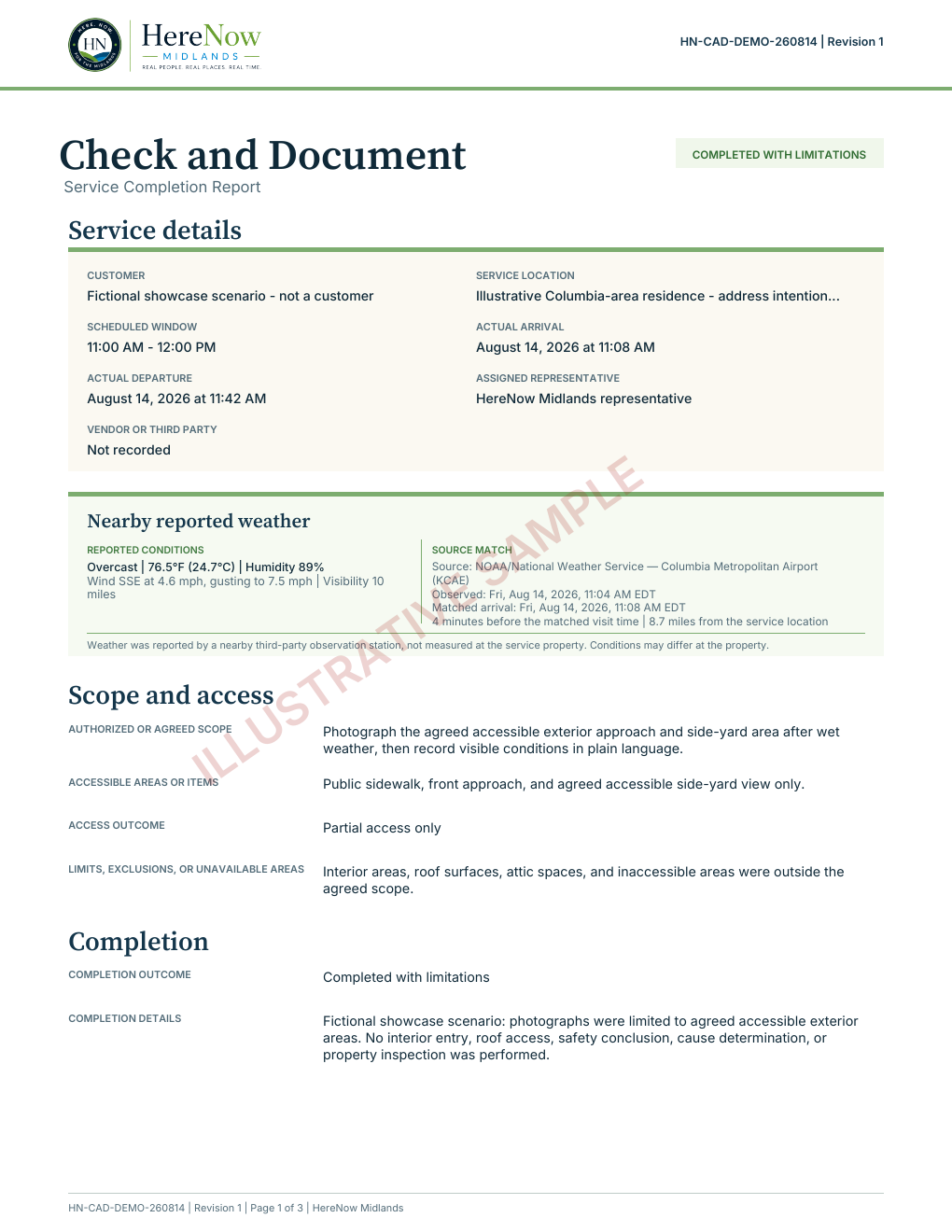 First page of an illustrative Check and Document report for a fictional post-storm exterior visit